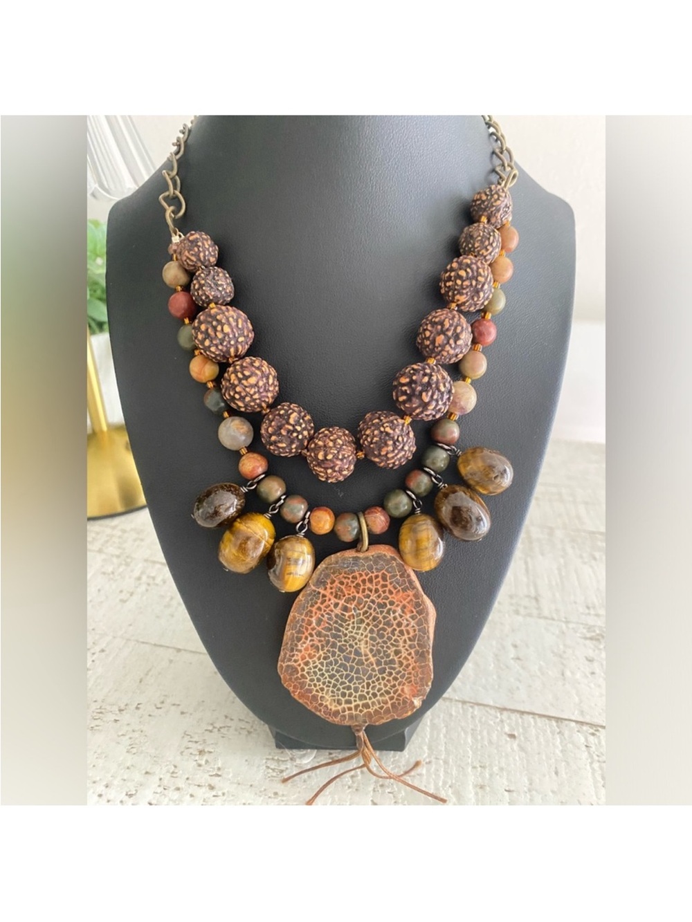 Statement Brown and Tan Layered Bead Necklace with Pendant